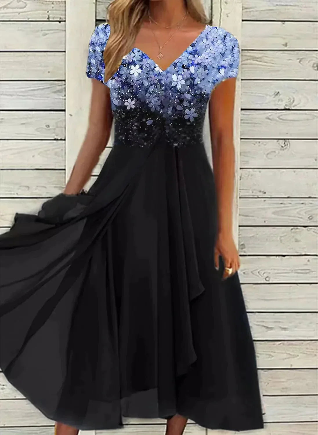 Elegancka sukienka koktajlowa midi z kwiatowym topem i zwiewną spódnicą na wesele | Elegancki model na lato