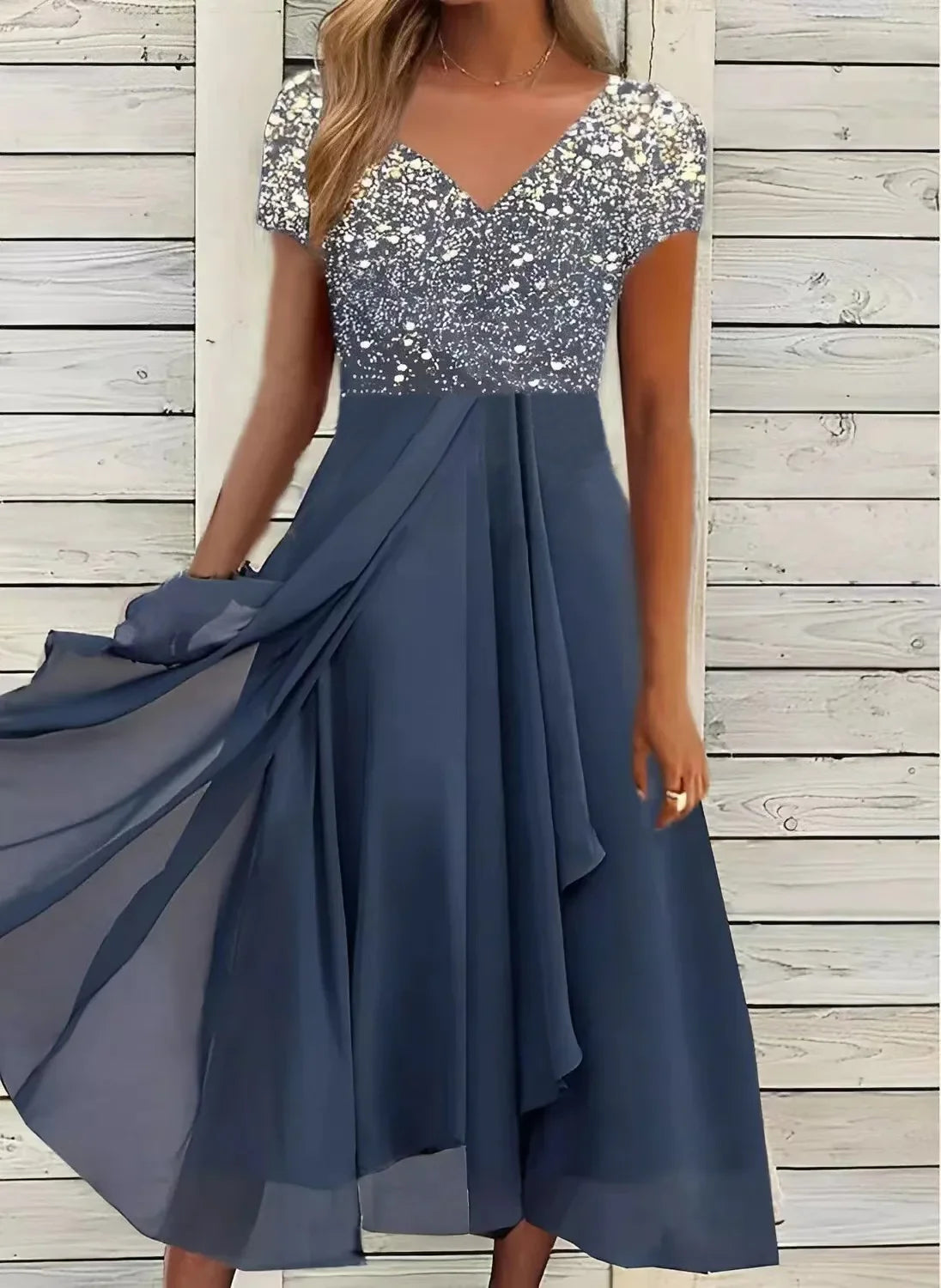 Elegancka sukienka koktajlowa midi z kwiatowym topem i zwiewną spódnicą na wesele | Elegancki model na lato