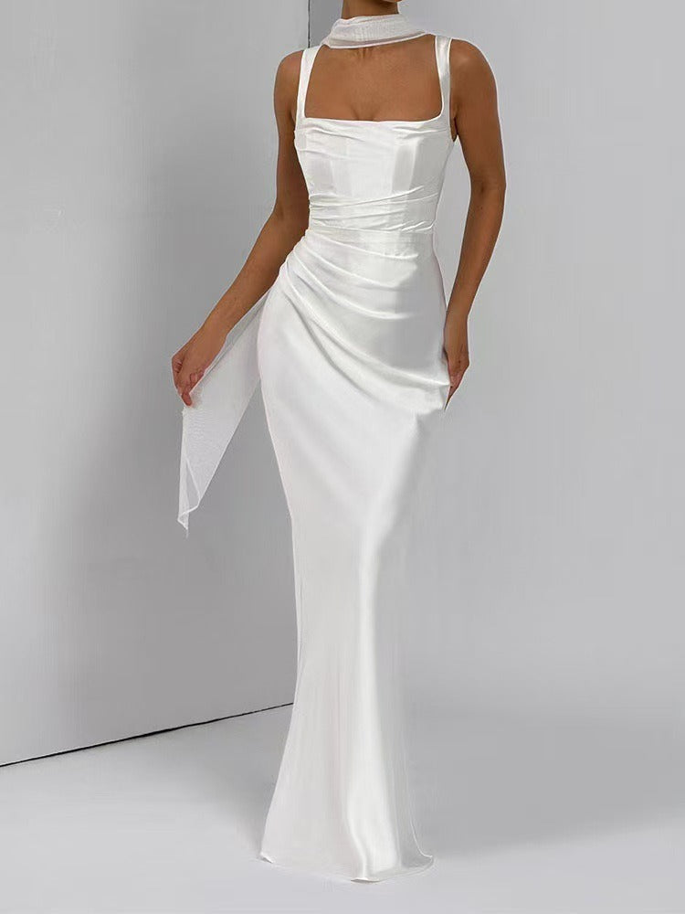 Elegancka sukienka maxi na wesele z kwadratowym dekoltem - letnia sukienka wieczorowa damska | Elegancki model na lato
