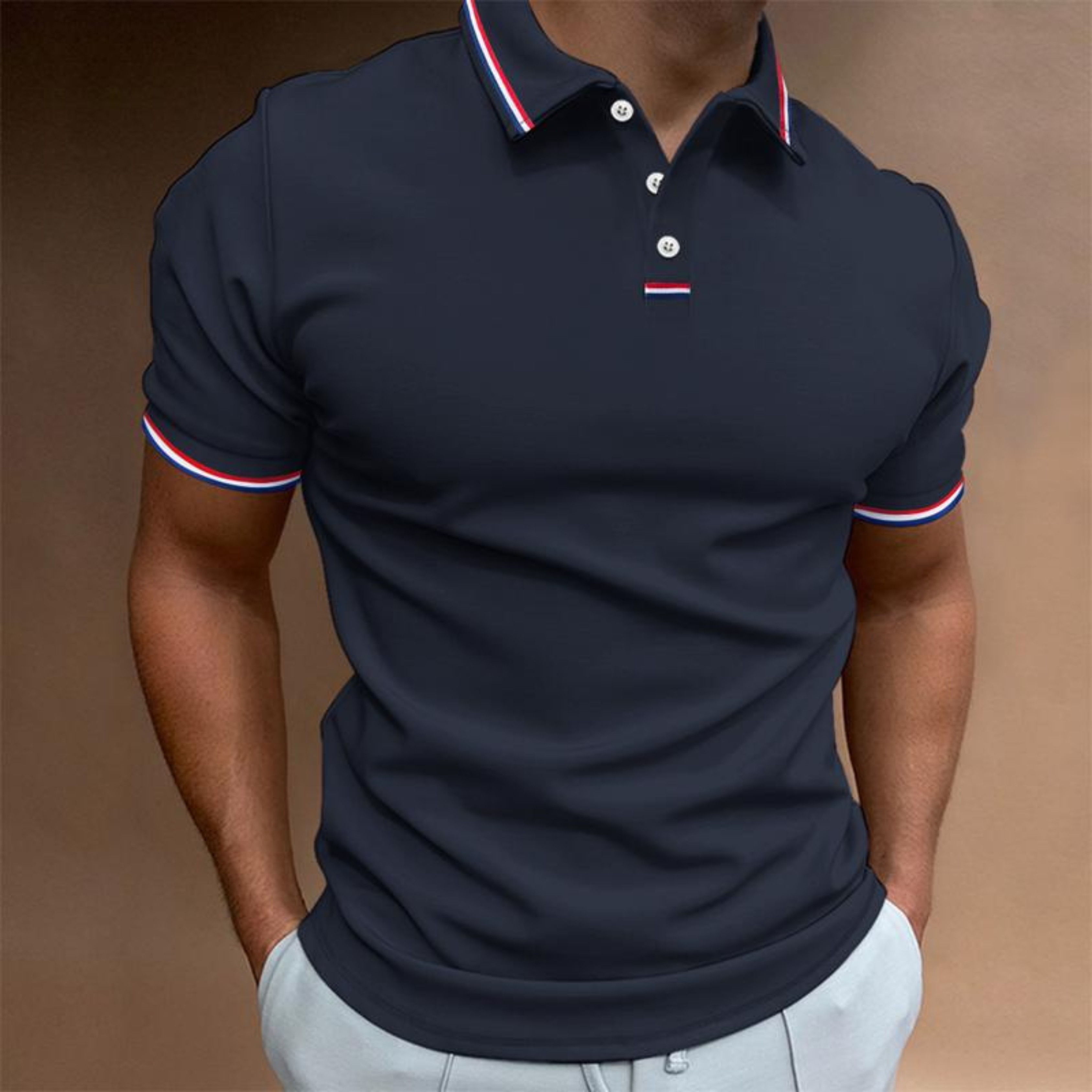 Koszulka polo męska jednolita z krótkim rękawem pasiasty kołnierz | Stylowy model na ciepłe dni