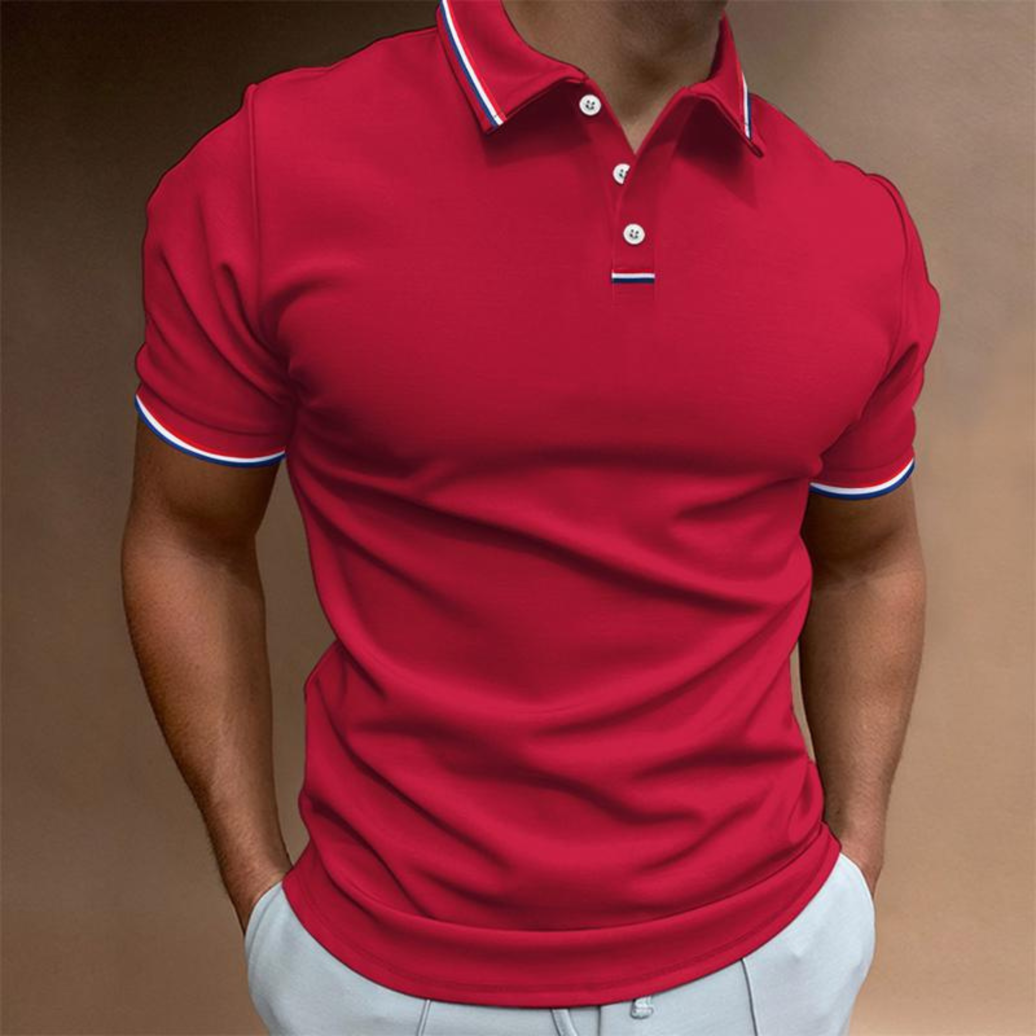Koszulka polo męska jednolita z krótkim rękawem pasiasty kołnierz | Stylowy model na ciepłe dni