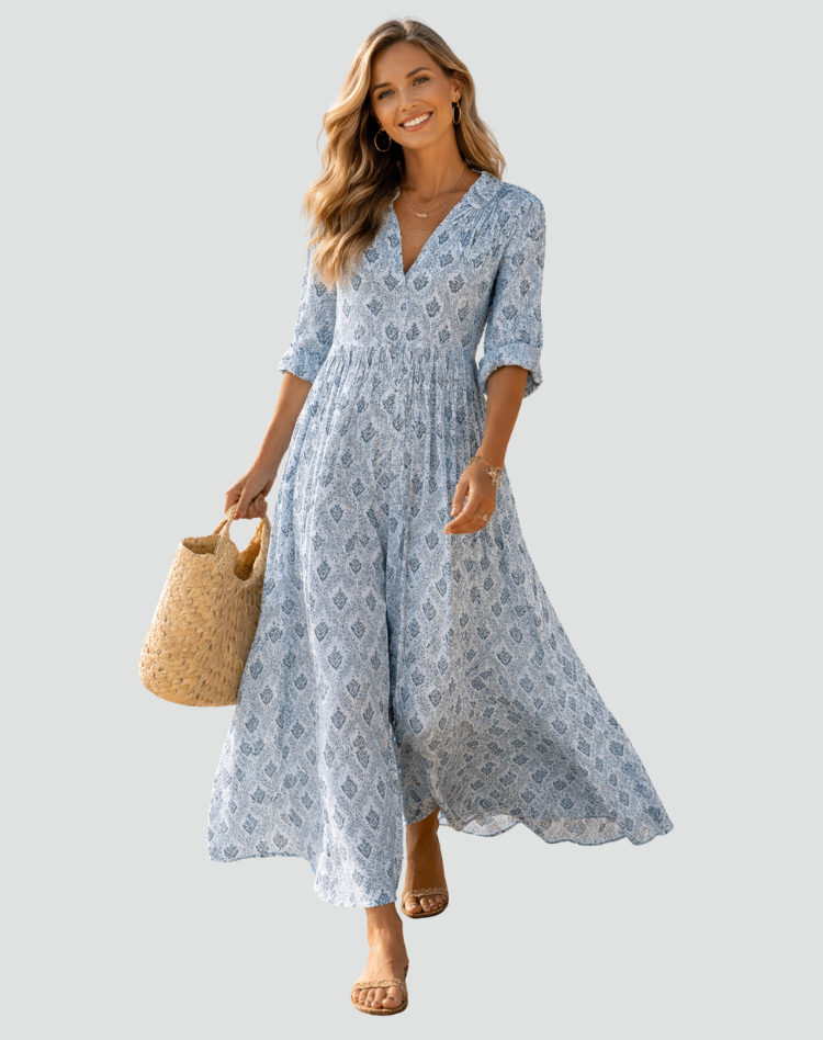 Letnia sukienka maxi w stylu vintage z nadrukiem | Elegancki model na lato
