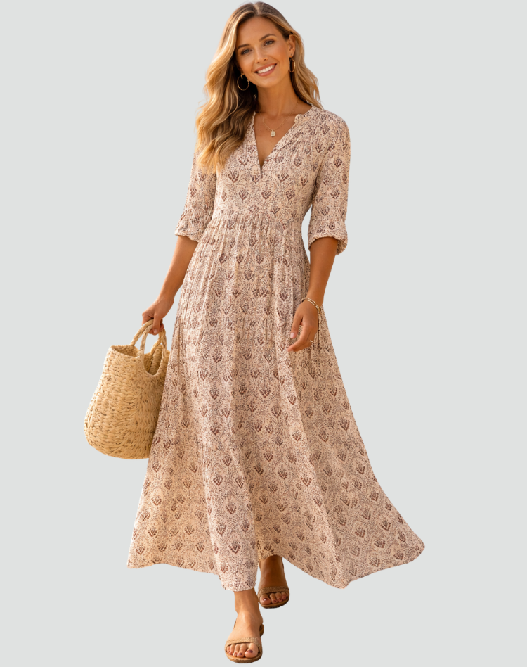 Letnia sukienka maxi w stylu vintage z nadrukiem | Elegancki model na lato