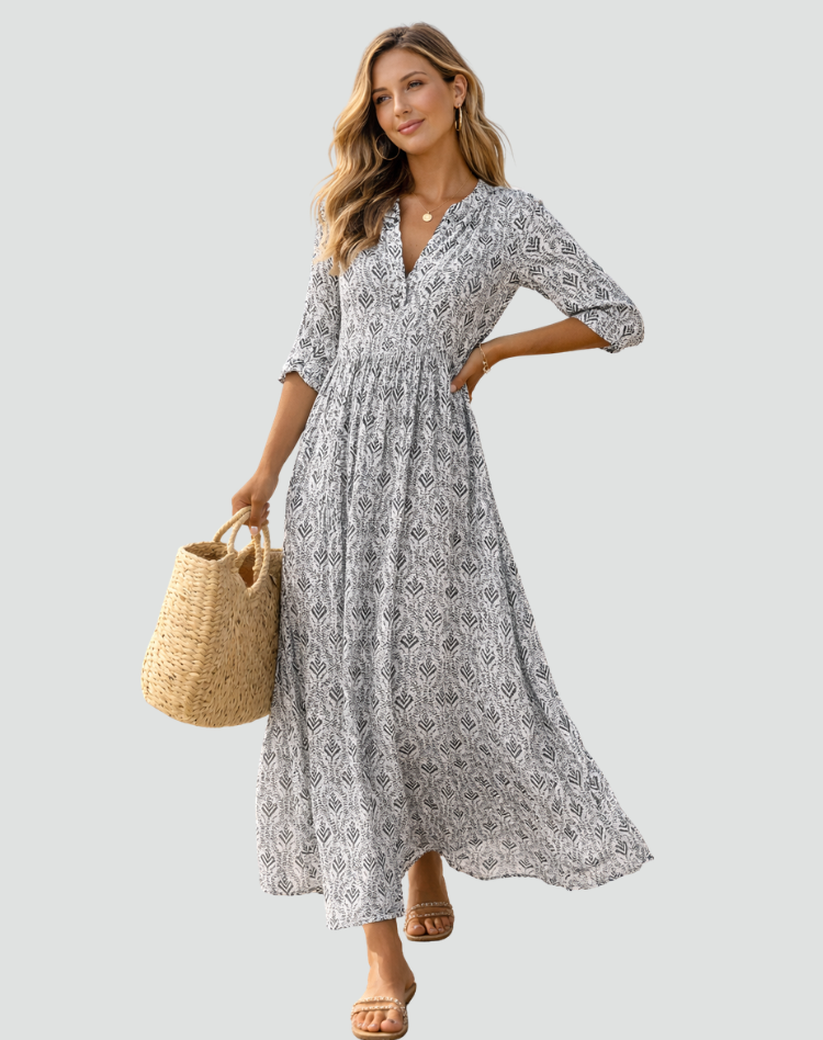 Letnia sukienka maxi w stylu vintage z nadrukiem | Elegancki model na lato
