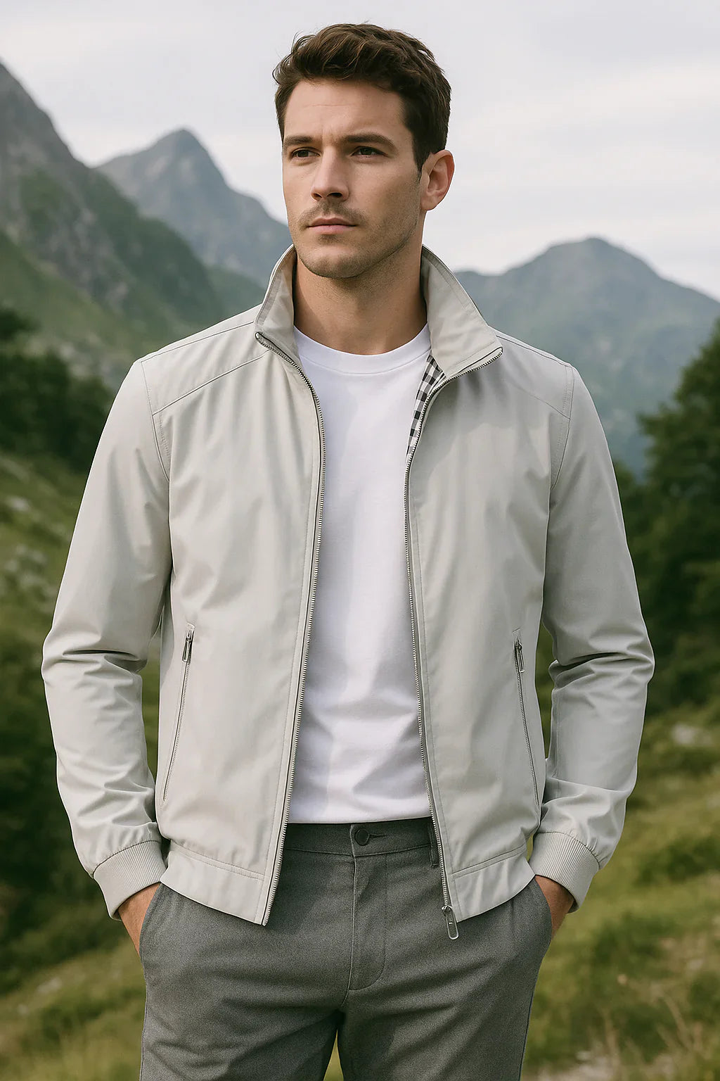 Męska Kurtka Bomberka ze Stójką i Prążkowanymi Mankietami