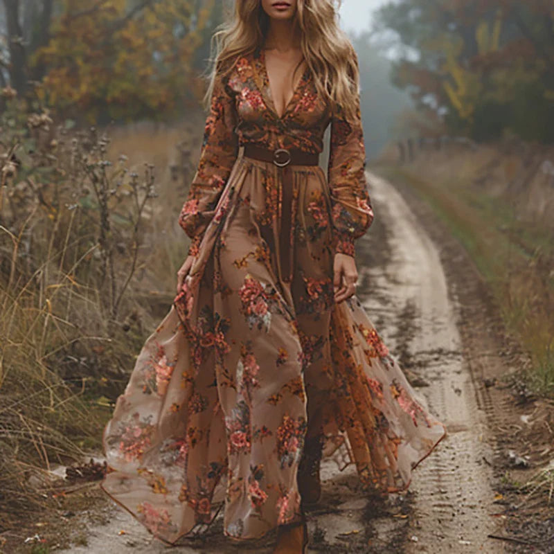 Sukienka maxi w stylu boho z kwiatowym nadrukiem - sukienka letnia maxi na wesele i eleganckie okazje | Letni fason na co dzień i święta