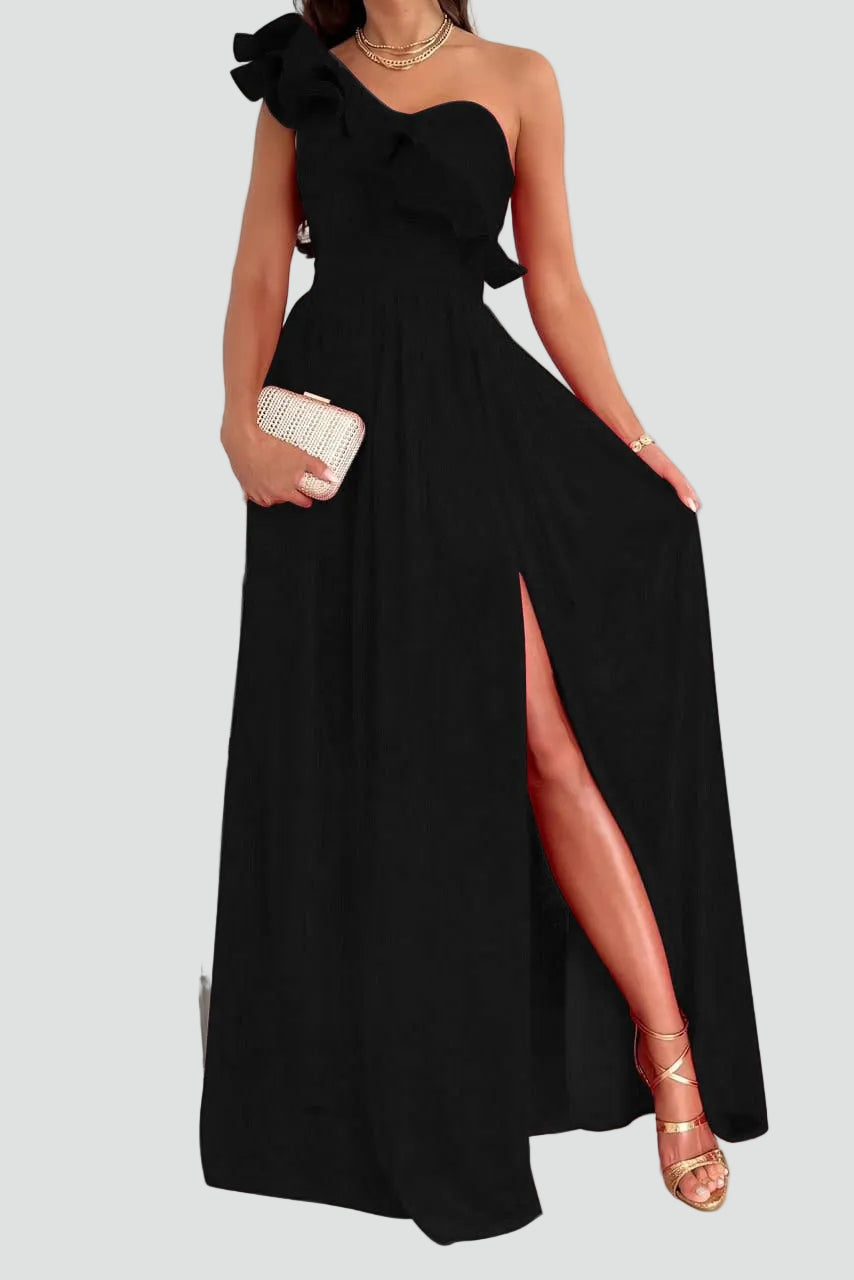 Sukienka maxi wieczorowa na wesele z rozcięciem i falbaną | Elegancki model na lato