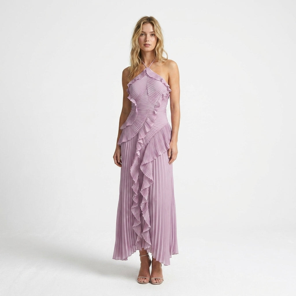 Sukienka Midi typu halter z Falbanami i Plisowaniem | Stylowy model na ciepłe dni