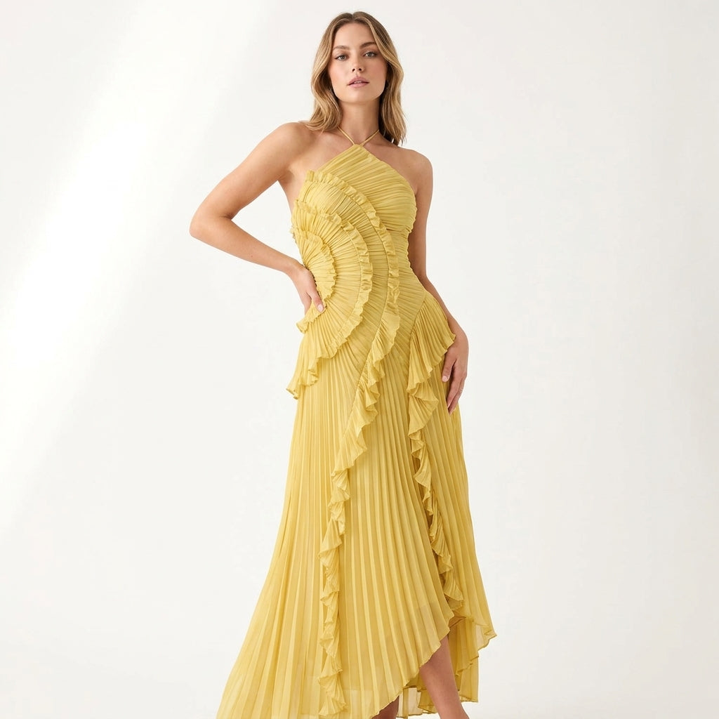 Sukienka Midi typu halter z Falbanami i Plisowaniem | Stylowy model na ciepłe dni