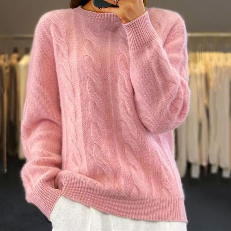 Sweter damski o warkoczowym splocie z okrągłym dekoltem