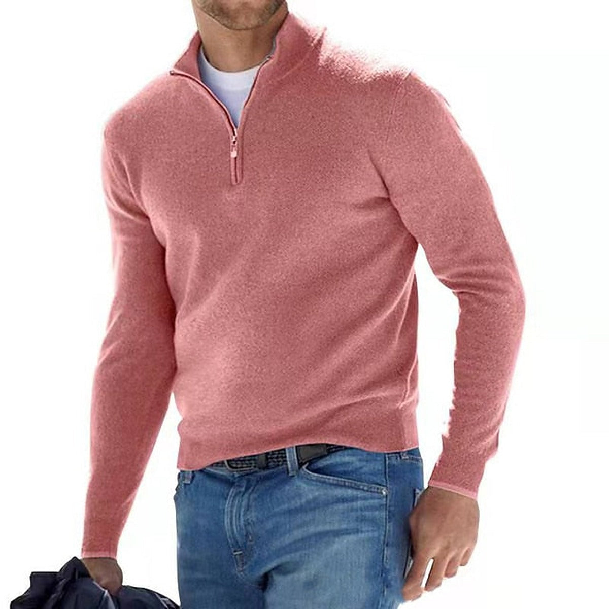 Sweter męski w serek z zamkiem przy dekolcie