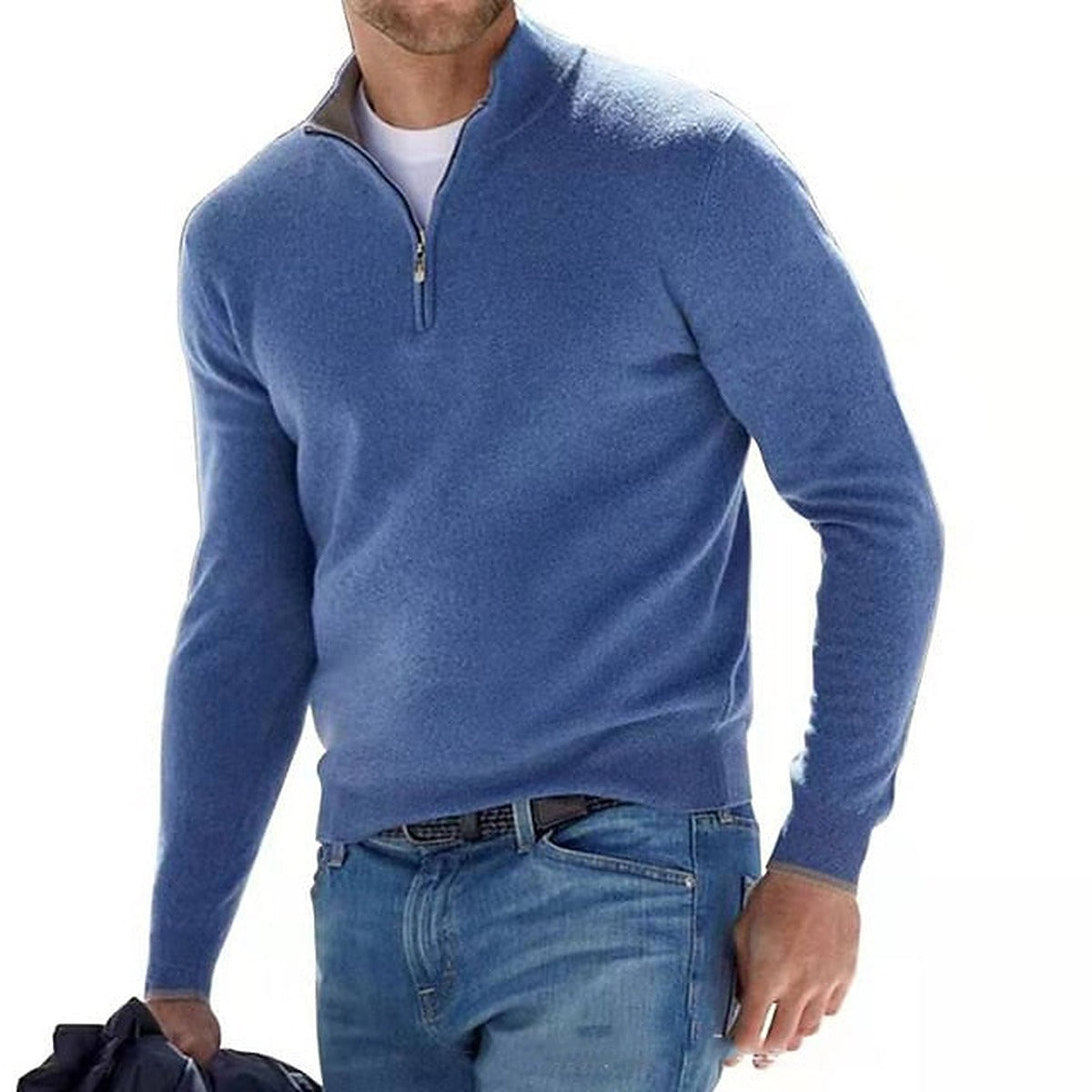 Sweter męski w serek z zamkiem przy dekolcie