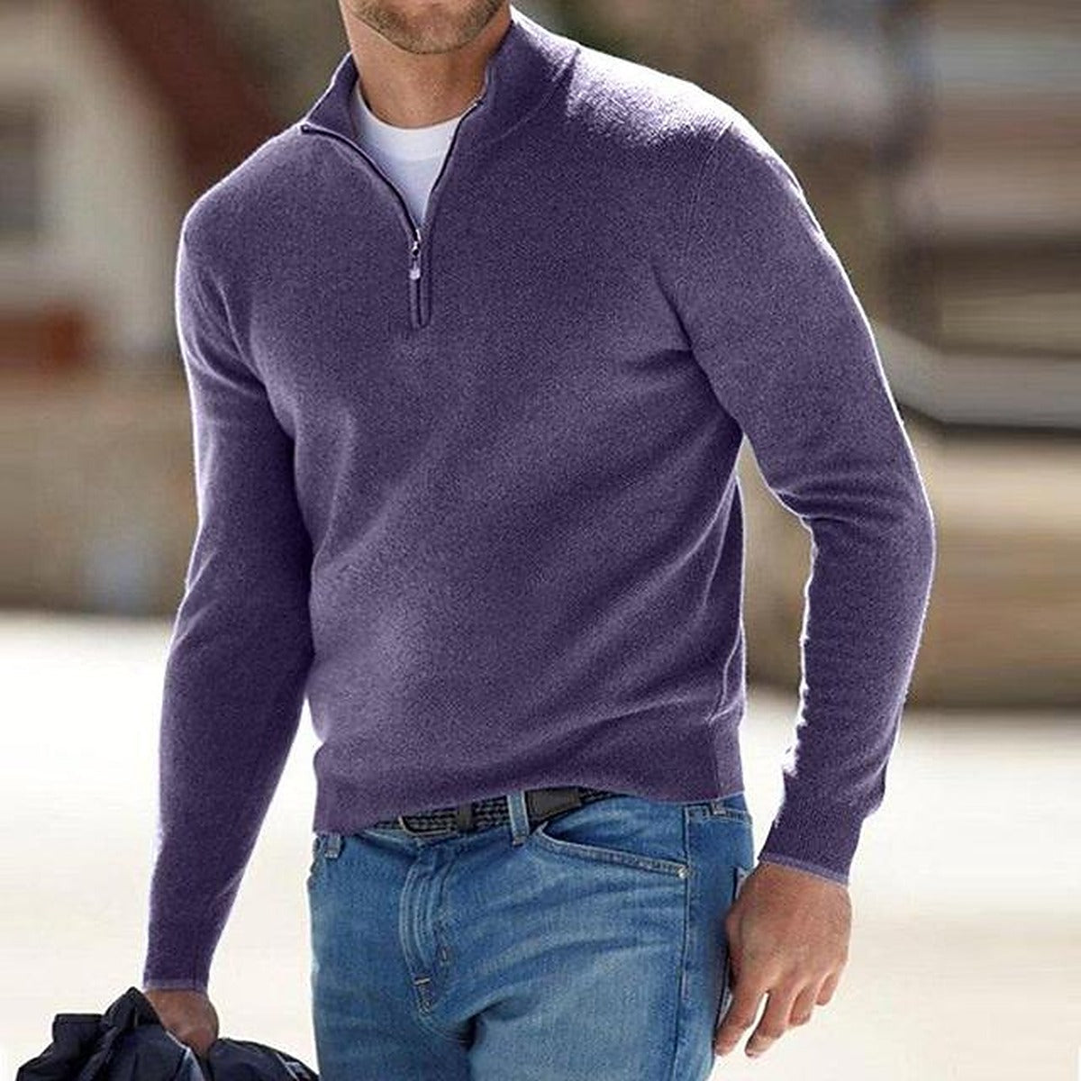Sweter męski w serek z zamkiem przy dekolcie