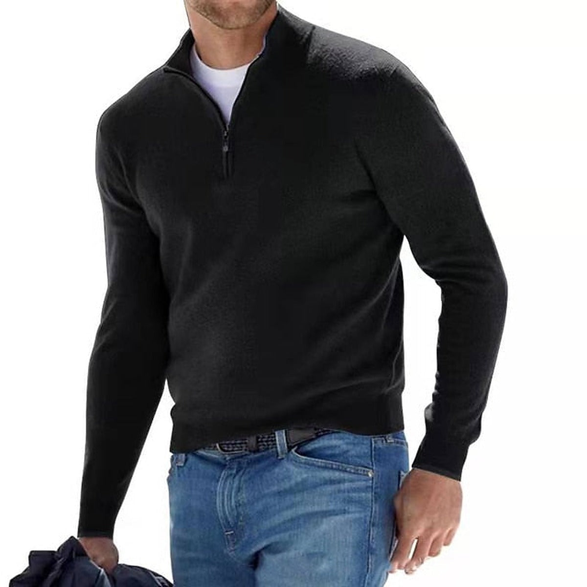 Sweter męski w serek z zamkiem przy dekolcie