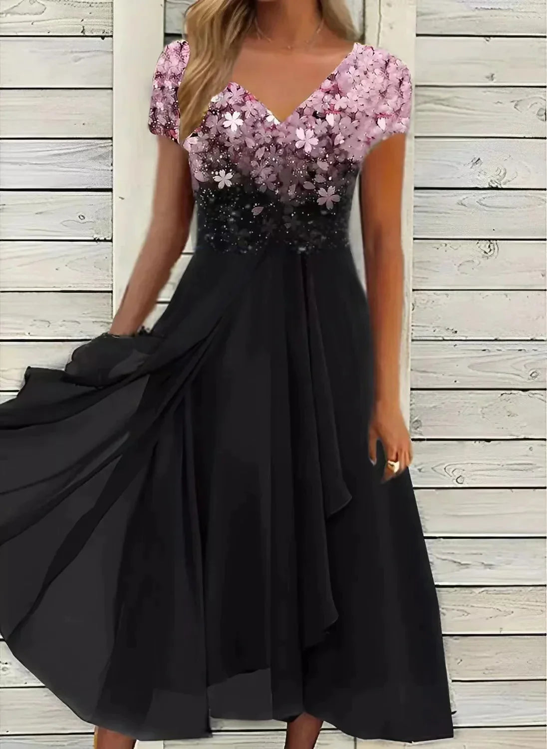Elegancka sukienka koktajlowa midi z kwiatowym topem i zwiewną spódnicą na wesele | Elegancki model na lato