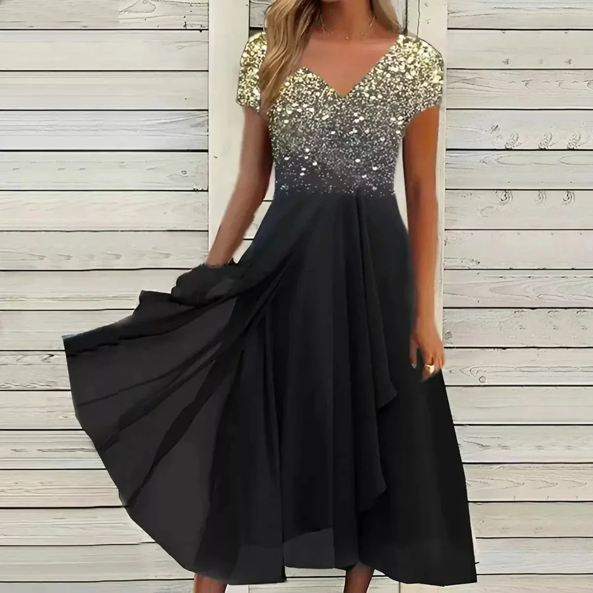 Elegancka sukienka koktajlowa midi z kwiatowym topem i zwiewną spódnicą na wesele | Elegancki model na lato