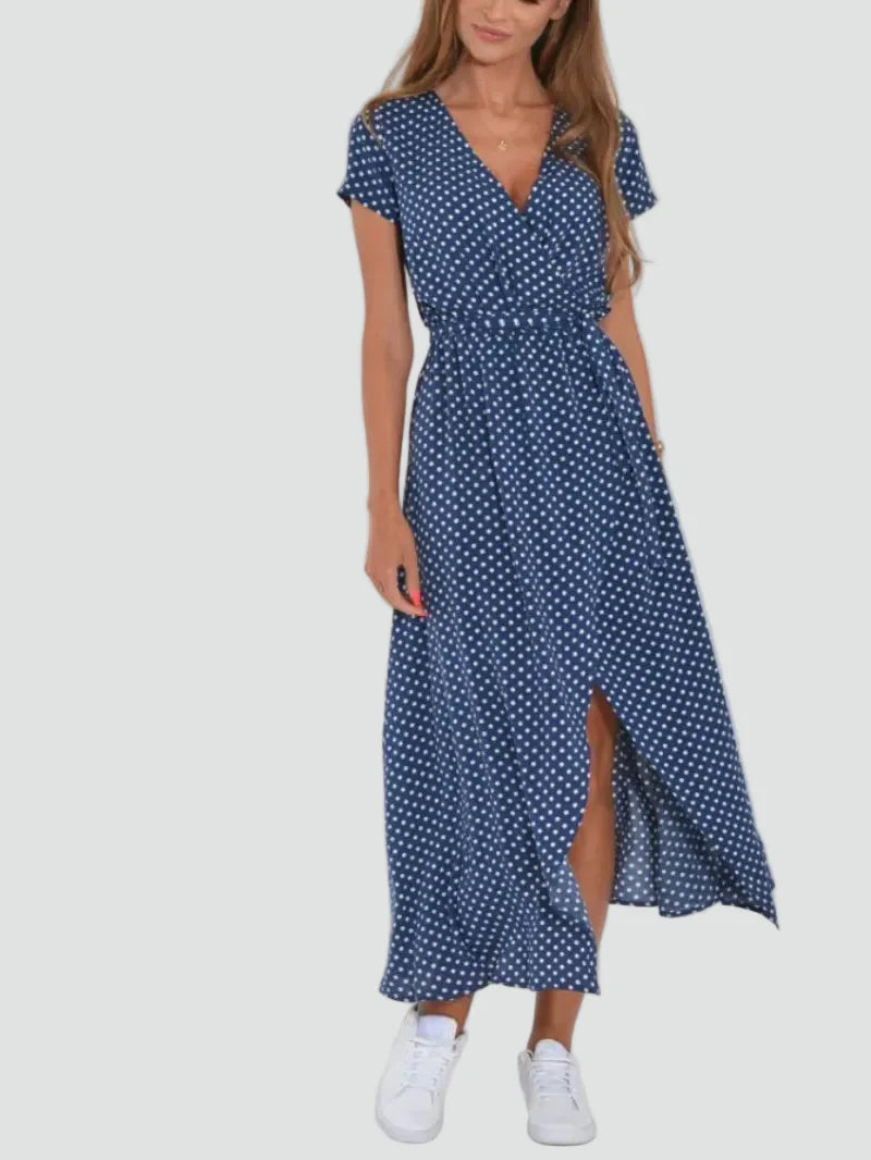 Kopertowa sukienka midi z dekoltem V i wiązaniem w talii | Elegancki model na lato