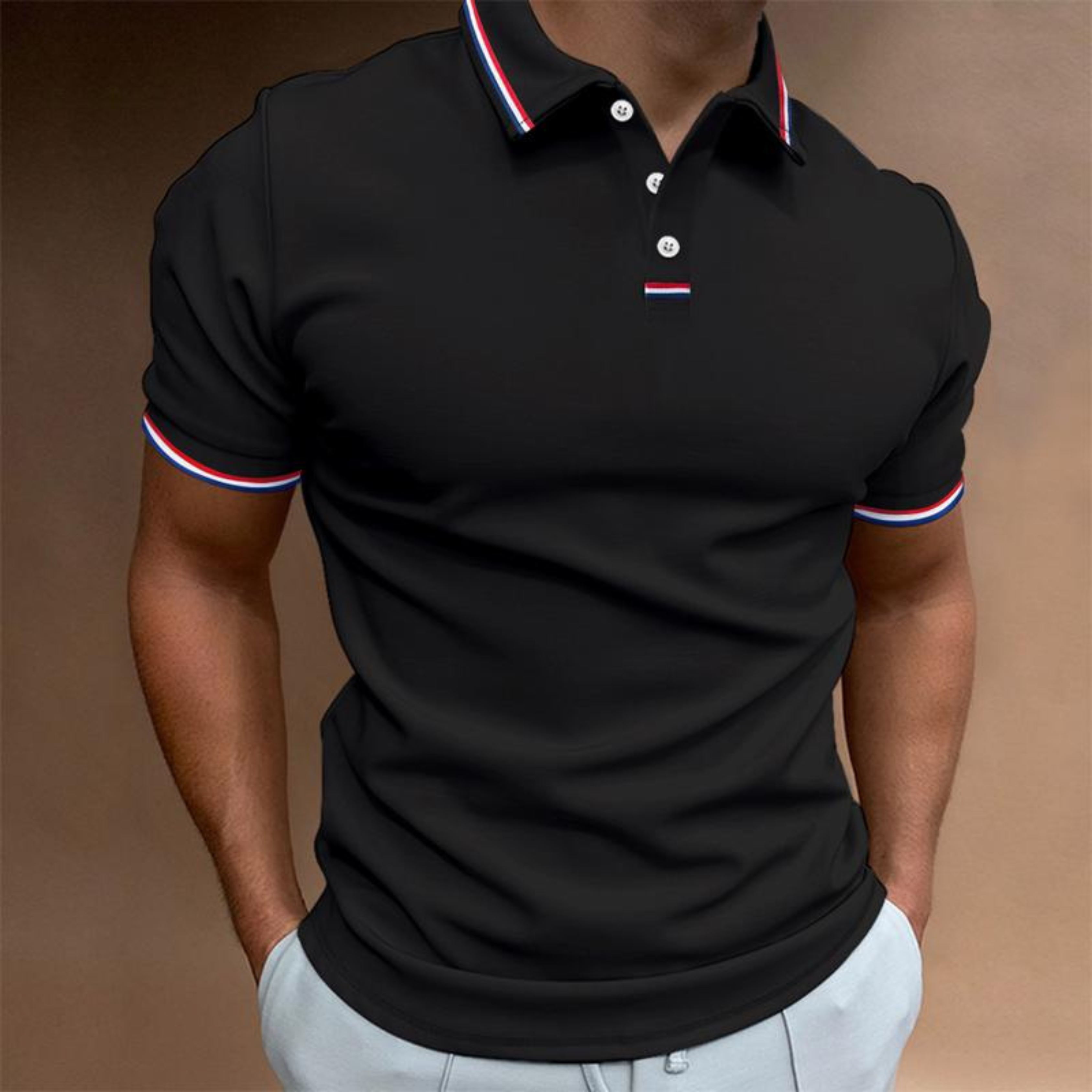 Koszulka polo męska jednolita z krótkim rękawem pasiasty kołnierz | Stylowy model na ciepłe dni