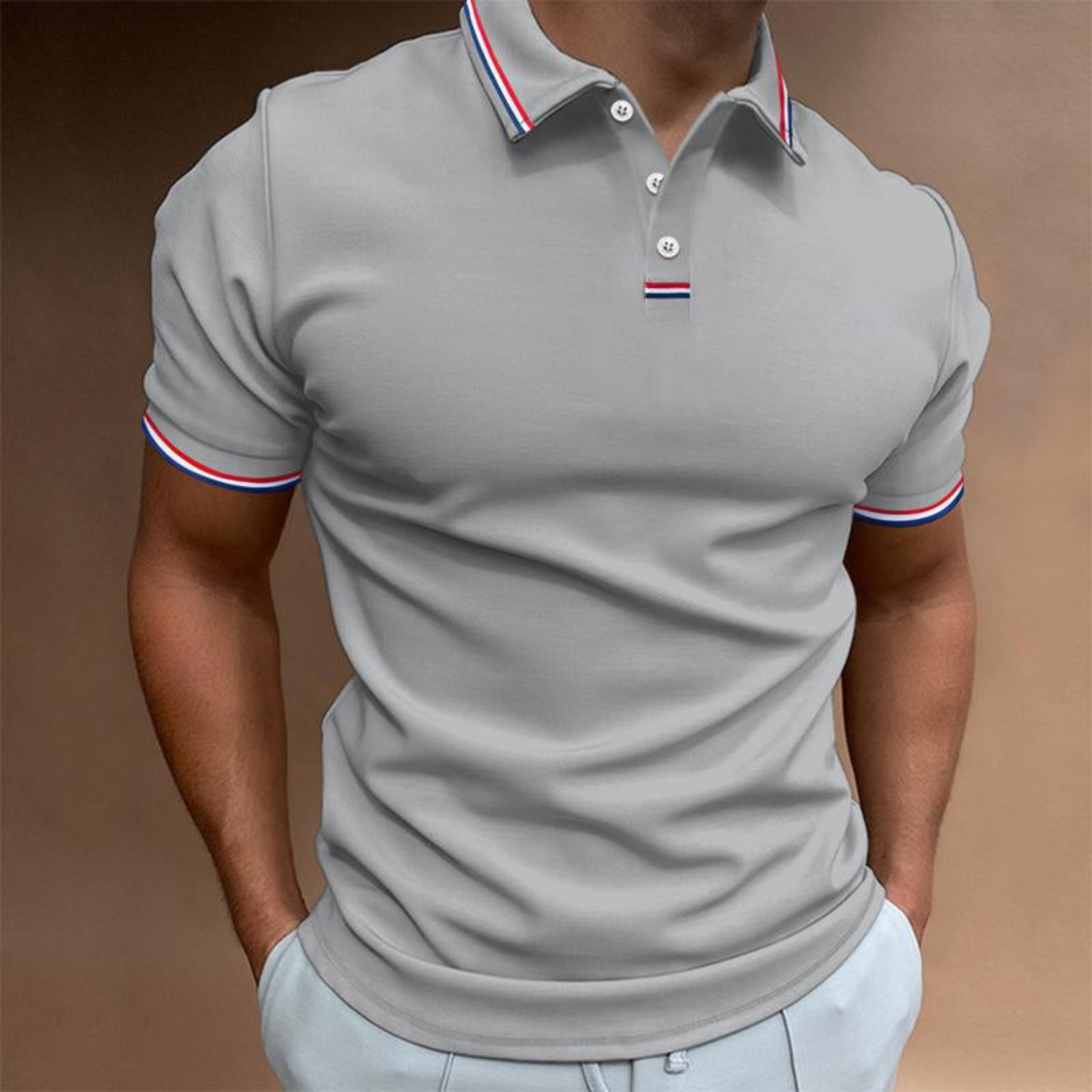 Koszulka polo męska jednolita z krótkim rękawem pasiasty kołnierz | Stylowy model na ciepłe dni