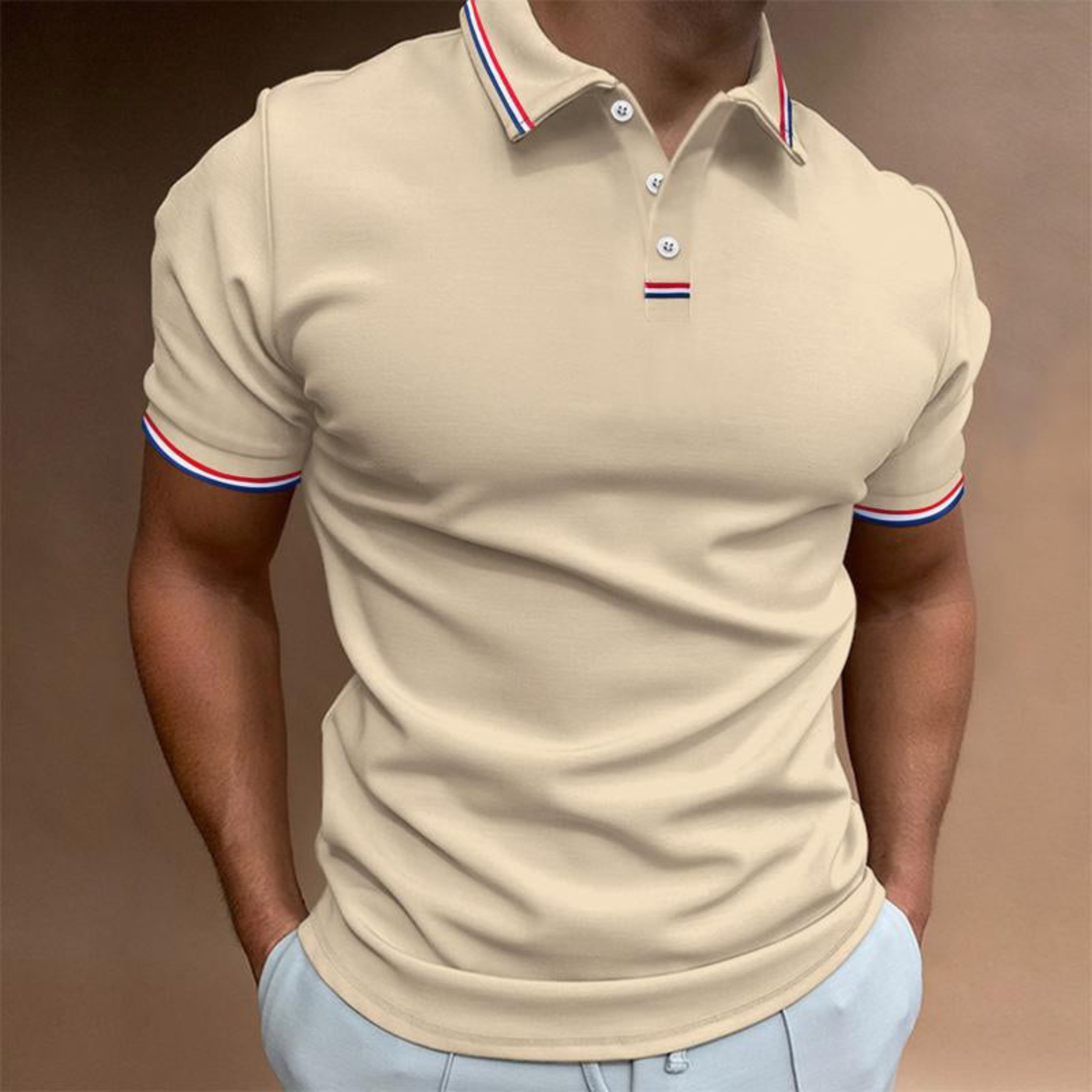 Koszulka polo męska jednolita z krótkim rękawem pasiasty kołnierz | Stylowy model na ciepłe dni