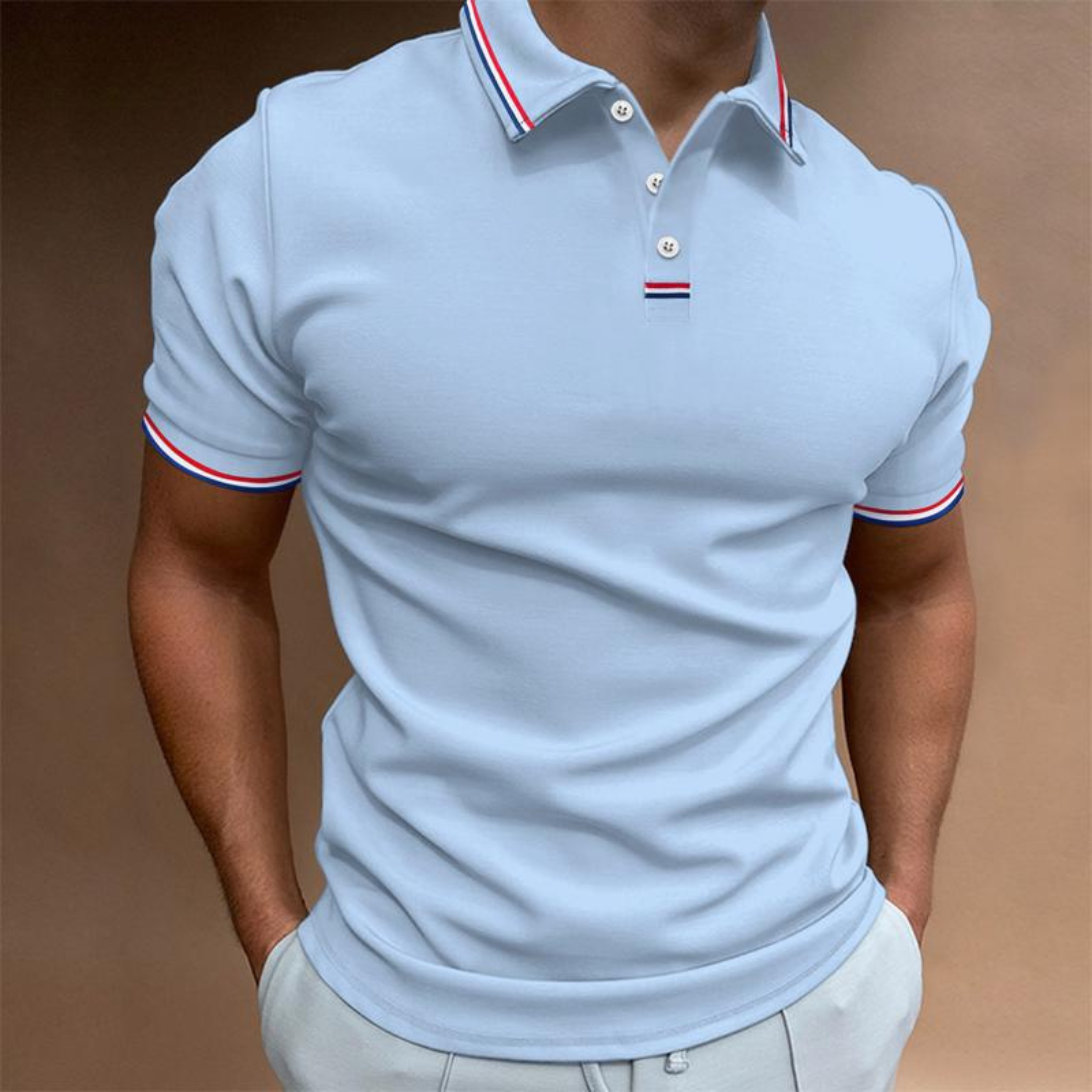 Koszulka polo męska jednolita z krótkim rękawem pasiasty kołnierz | Stylowy model na ciepłe dni