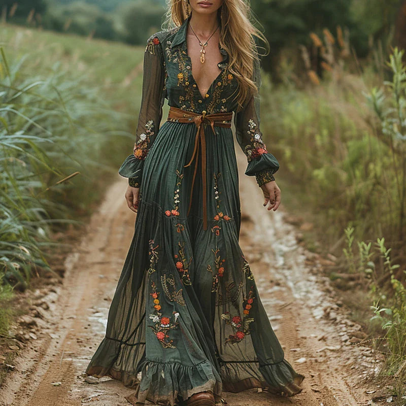 Sukienka maxi w stylu boho z kwiatowym nadrukiem - sukienka letnia maxi na wesele i eleganckie okazje | Letni fason na co dzień i święta