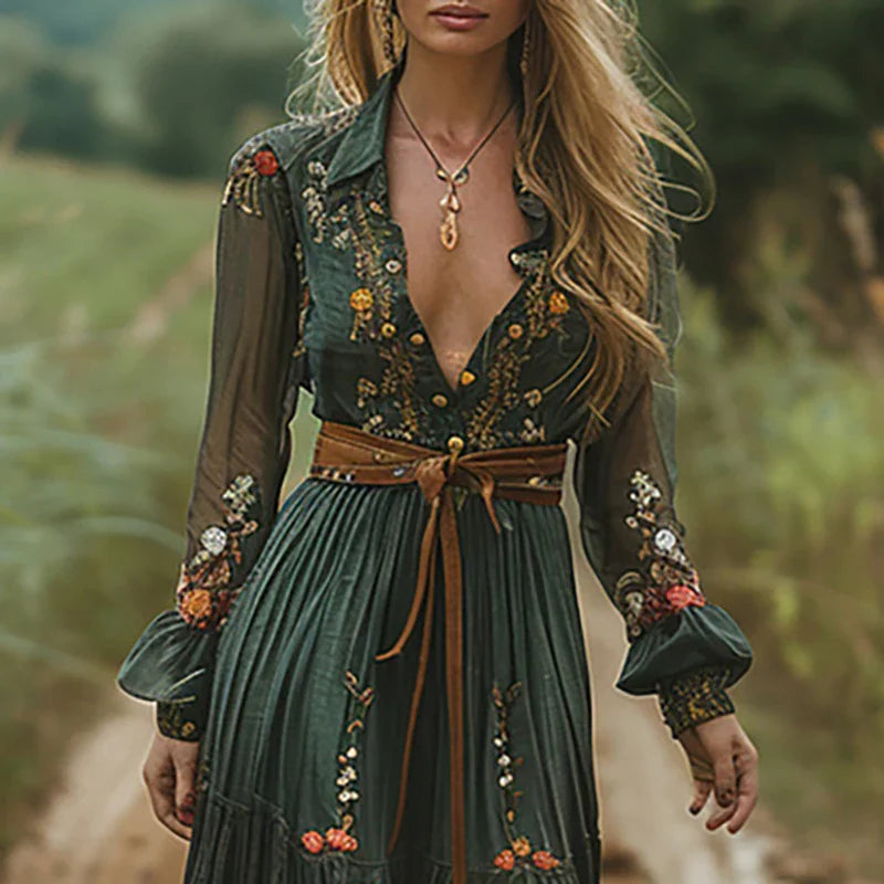 Sukienka maxi w stylu boho z kwiatowym nadrukiem - sukienka letnia maxi na wesele i eleganckie okazje | Letni fason na co dzień i święta