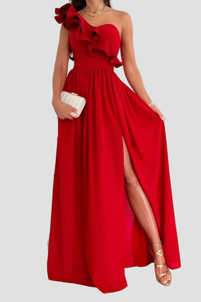 Sukienka maxi wieczorowa na wesele z rozcięciem i falbaną | Elegancki model na lato
