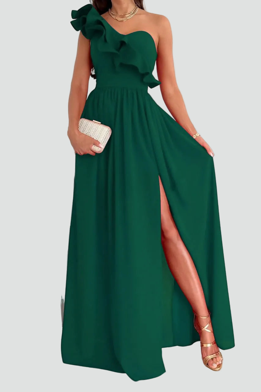 Sukienka maxi wieczorowa na wesele z rozcięciem i falbaną | Elegancki model na lato