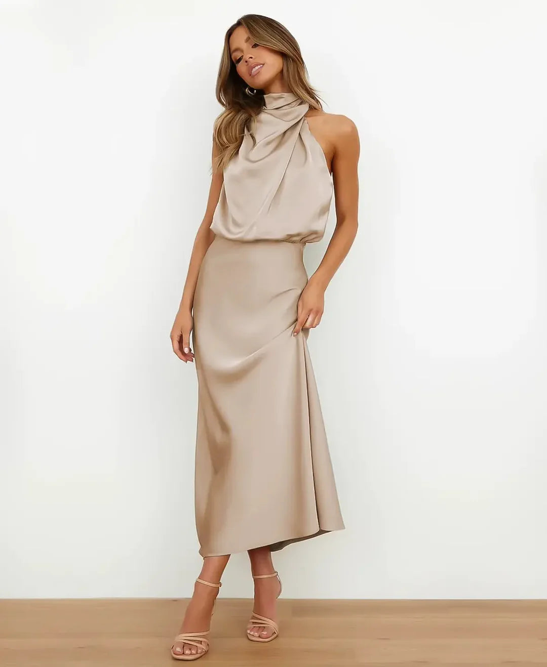 Sukienka midi damska typu halter formalna wieczorowa | Stylowy model na ciepłe dni