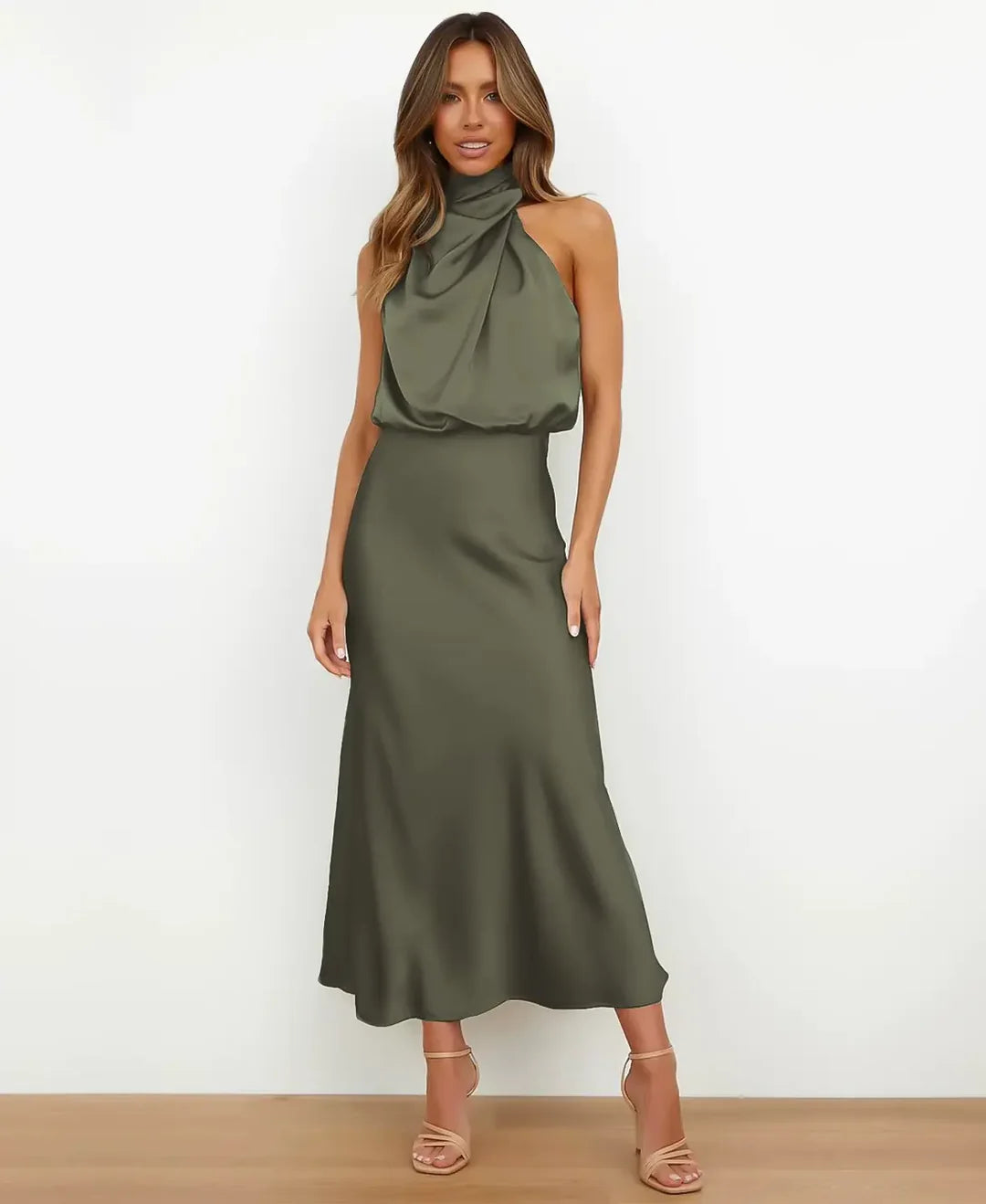 Sukienka midi damska typu halter formalna wieczorowa | Stylowy model na ciepłe dni