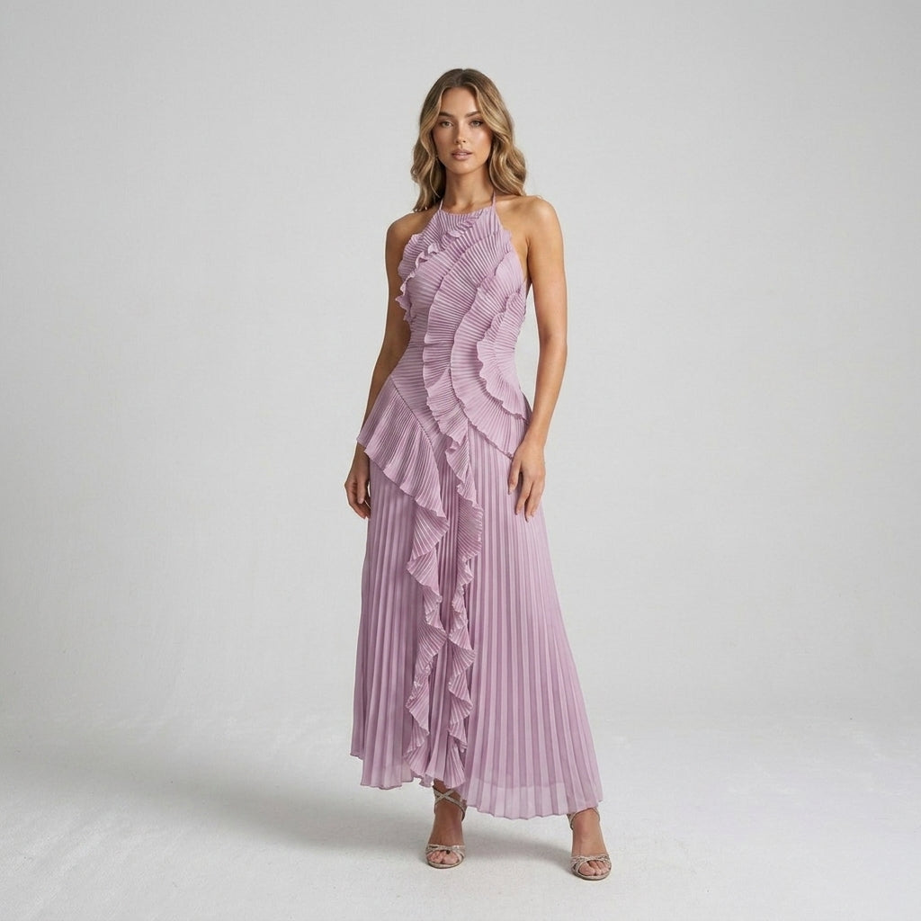 Sukienka Midi typu halter z Falbanami i Plisowaniem | Stylowy model na ciepłe dni