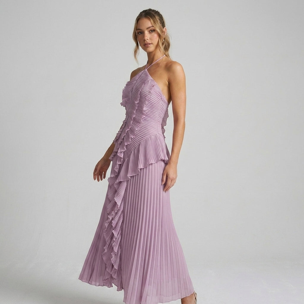Sukienka Midi typu halter z Falbanami i Plisowaniem | Stylowy model na ciepłe dni