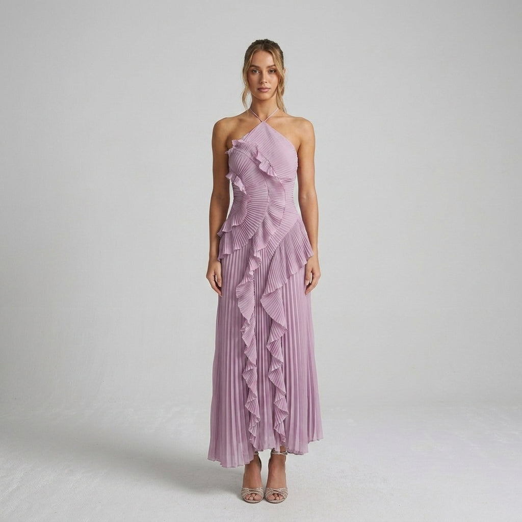 Sukienka Midi typu halter z Falbanami i Plisowaniem | Stylowy model na ciepłe dni