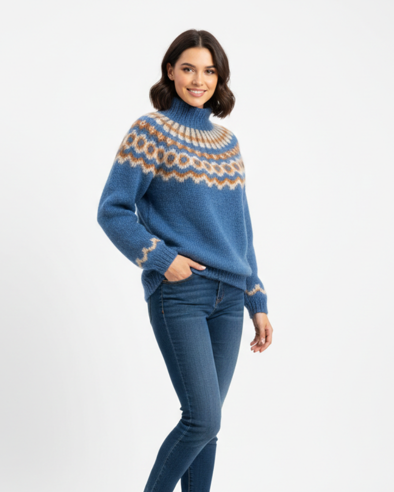 Damski sweter w norweski wzór na karczku o luźnym kroju