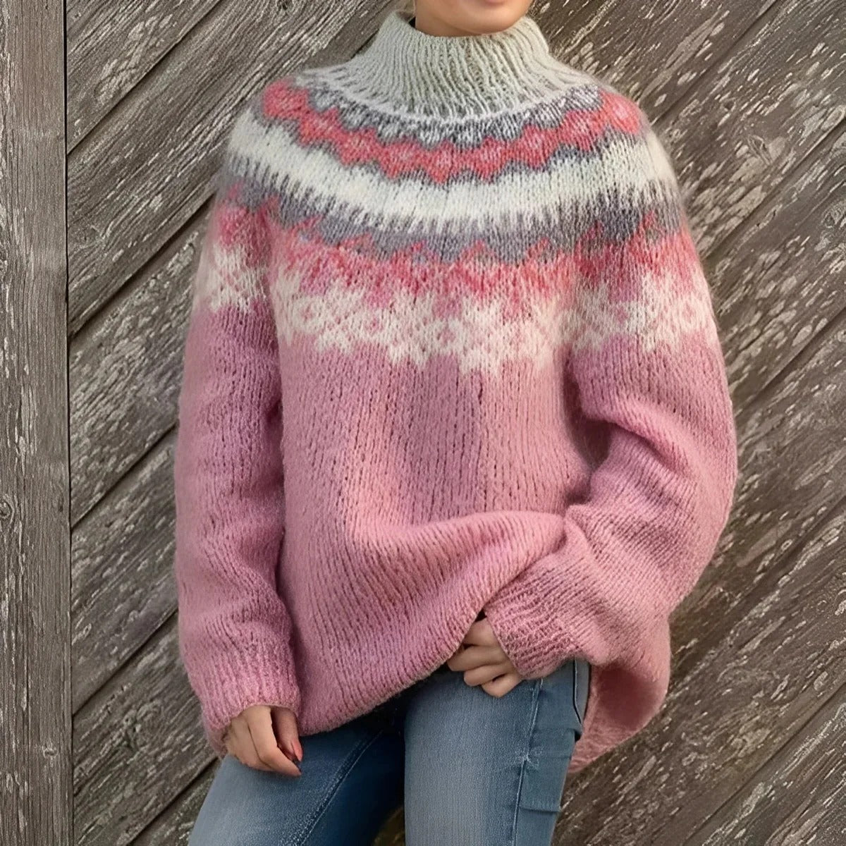 Damski sweter w norweski wzór z wysokim golfem