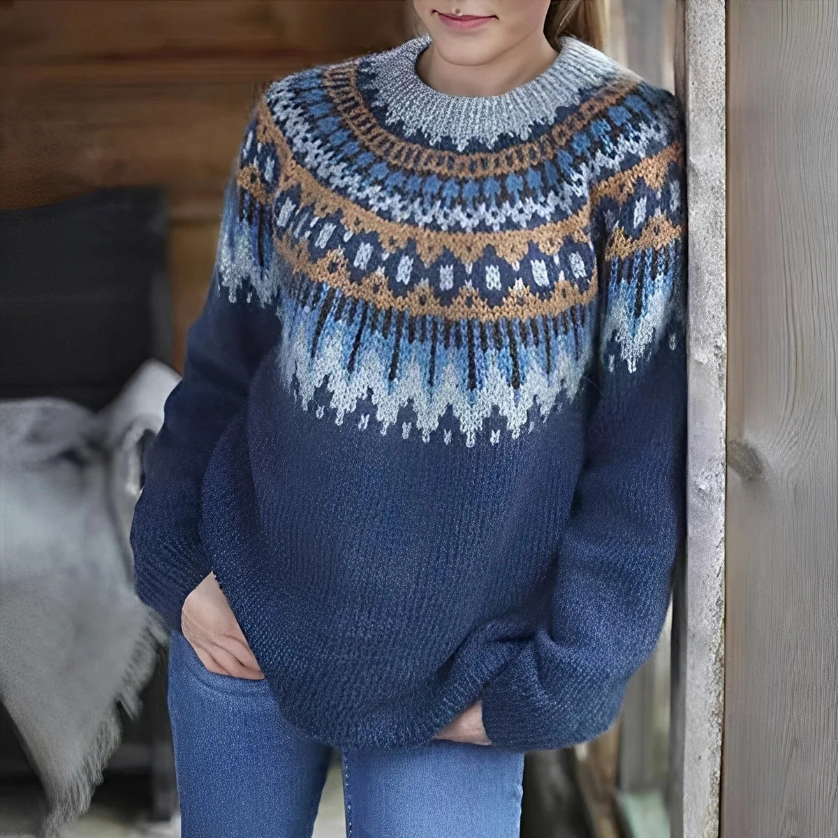 Damski sweter w norweski wzór z wysokim golfem