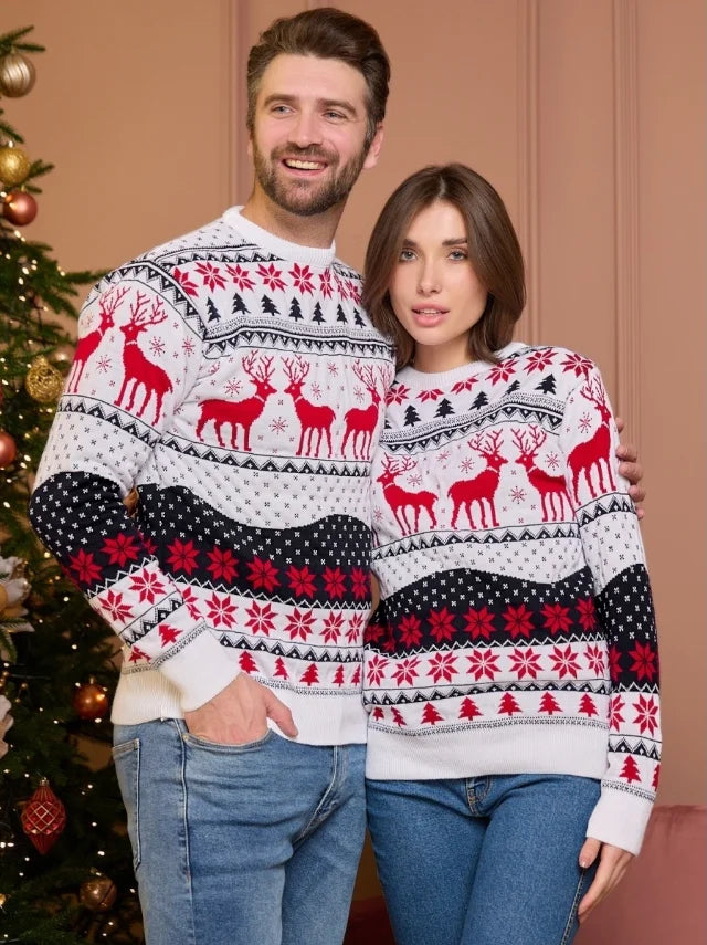 Sweter świąteczny w renifery i płatki śniegu