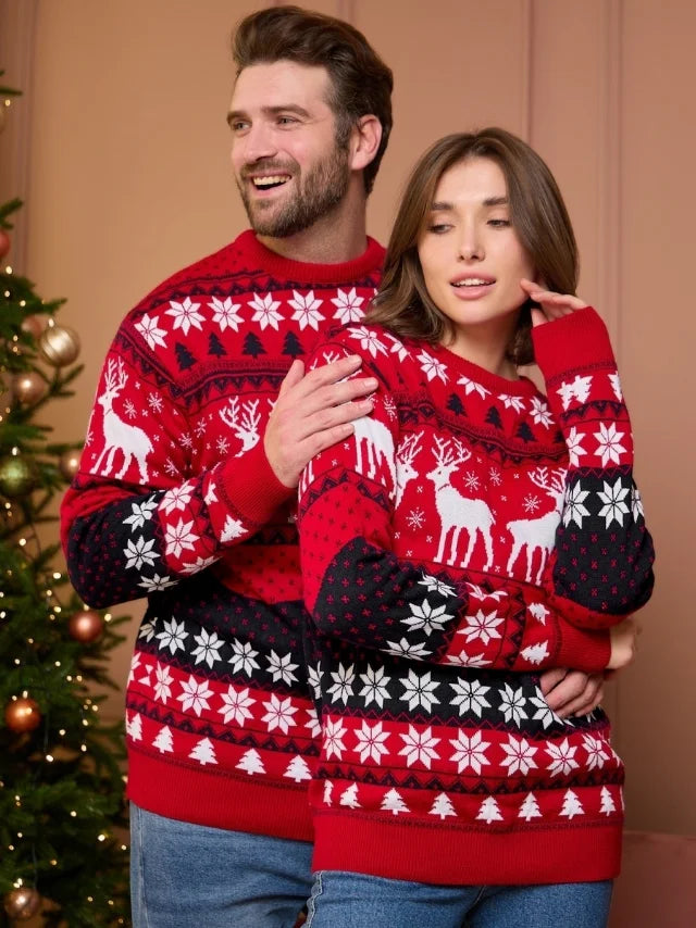 Sweter świąteczny w renifery i płatki śniegu